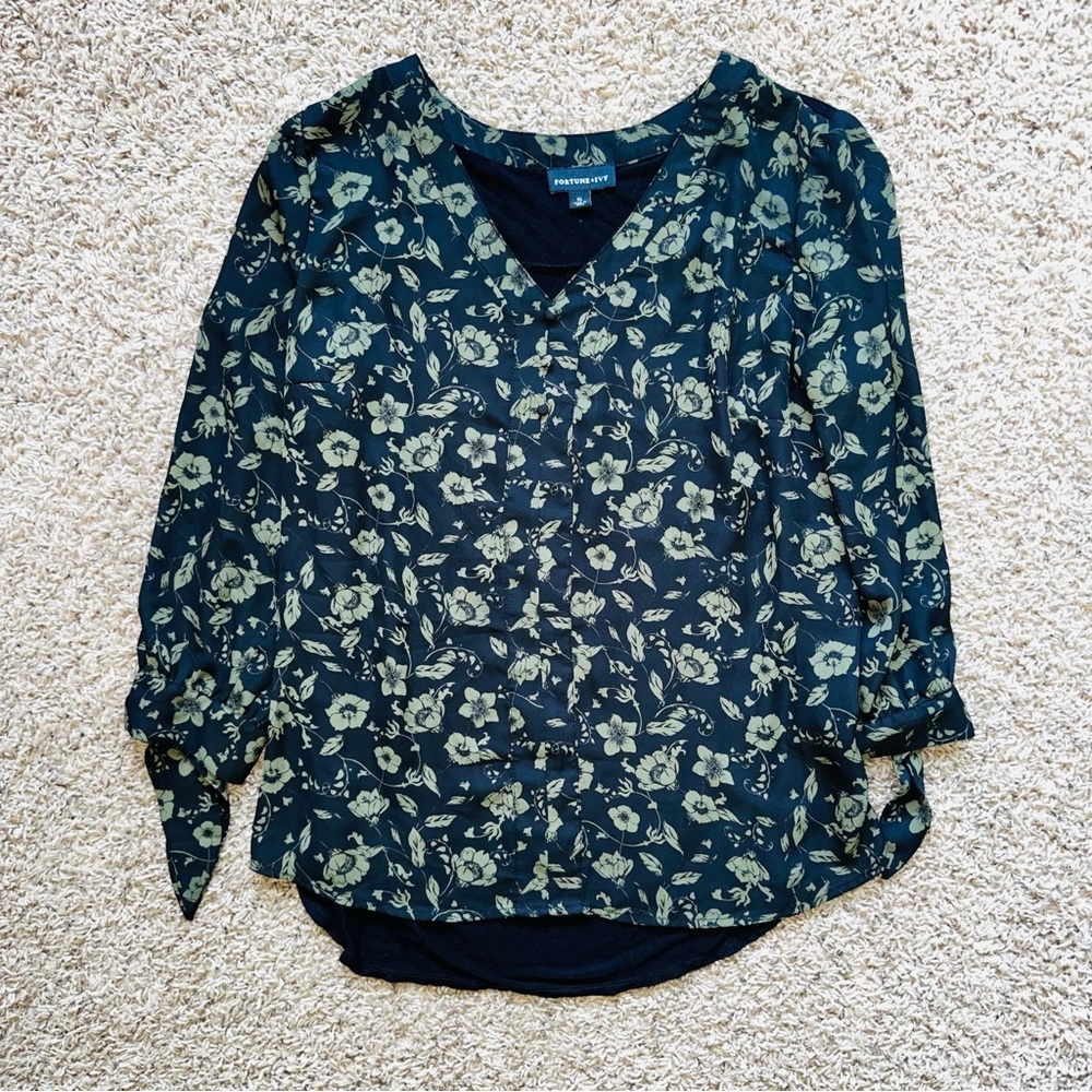 Fortune + Ivy Long Sleeve Floral V-Neck Blouse Flower Print XL - Picture 2 of 8